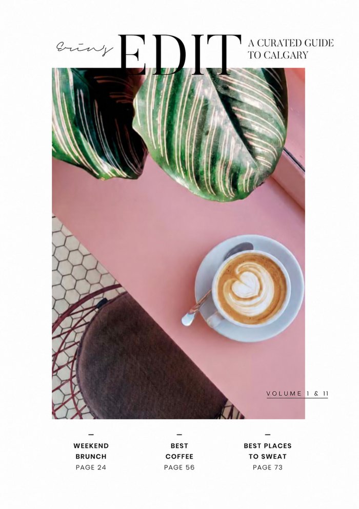 Cover of Erin's Edit Volume I and II, a latte on a pink table beside a striped leaf