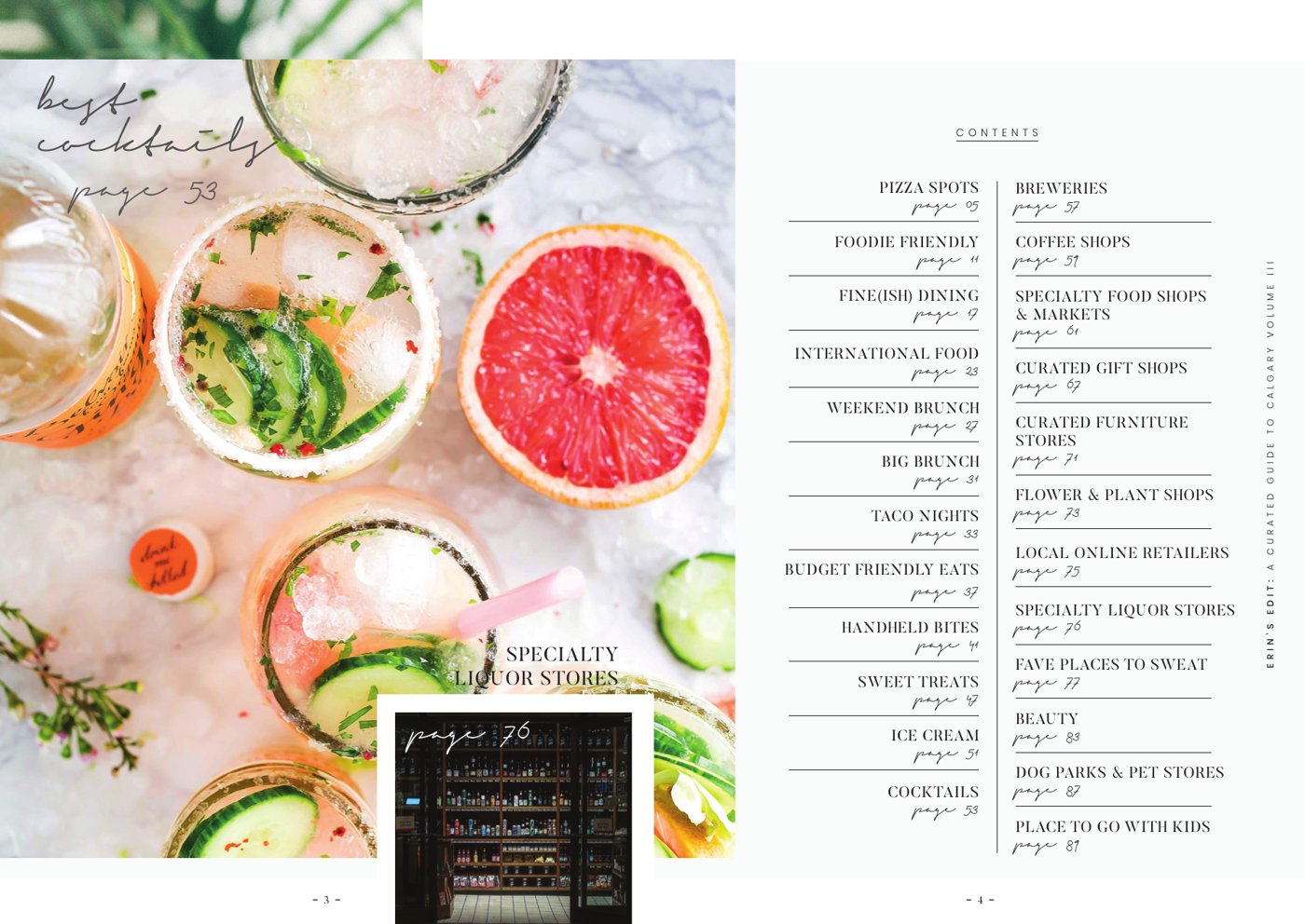 An inside spread: a cocktails photo page beside the table of contents