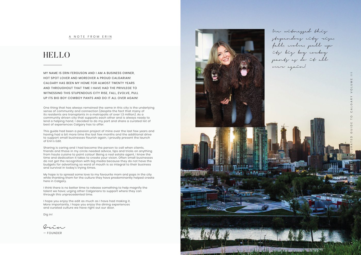 An inside spread: Erin's hello note beside a photo of Erin with her dogs and the Calgary skyline