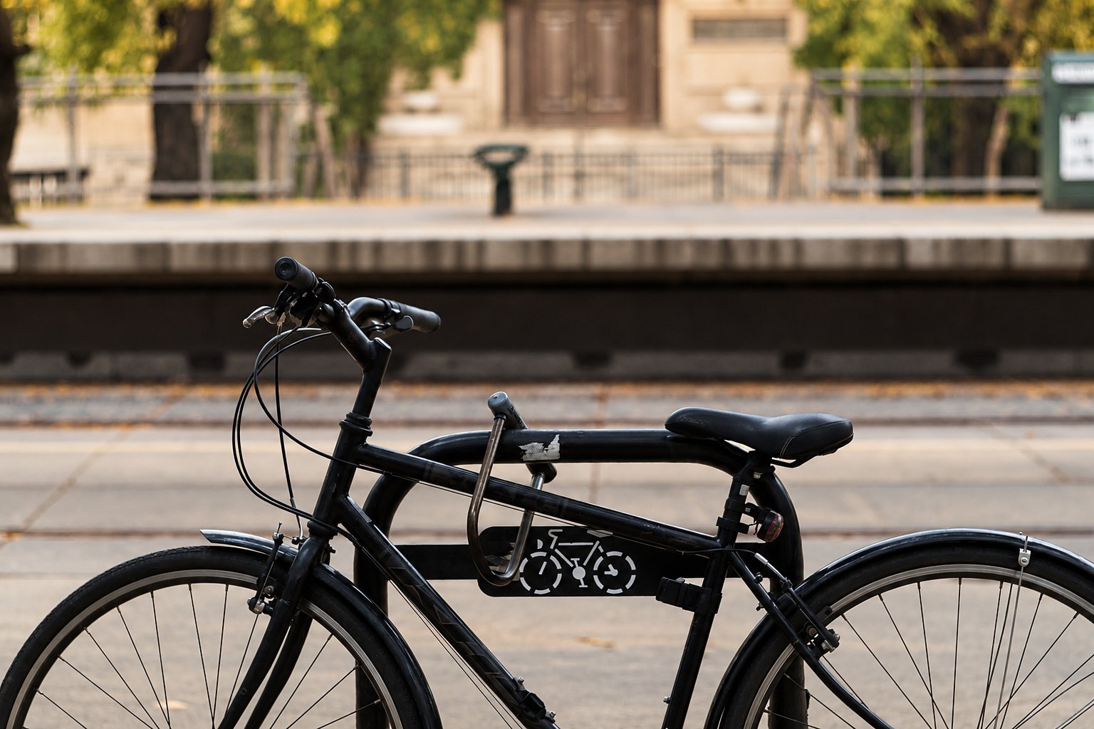 A bike locked to a city bike rack on a fall afternoon