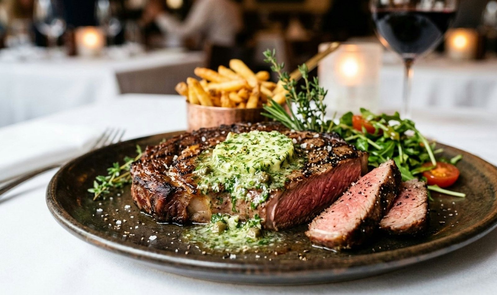 Steak frites with herb butter and a glass of red wine