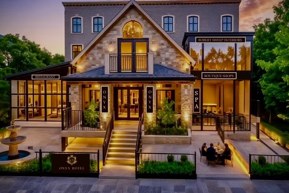 Rendering of The Onyx Hotel at dusk: a stone gabled entry with a restaurant, spa and boutique shops on either side