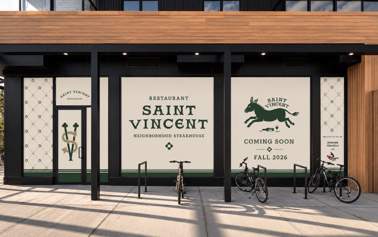 The Saint Vincent storefront with its coming soon window signs